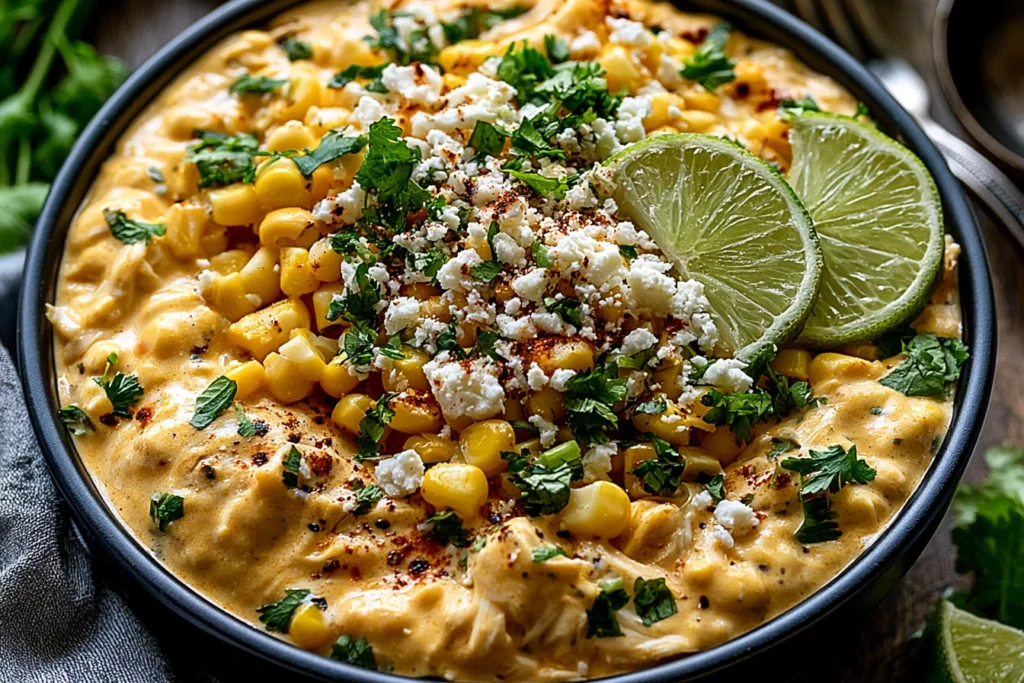 Slow Cooker Street Corn Chicken Recipe served over rice with creamy corn sauce, cotija cheese, cilantro, and fresh lime