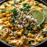Slow Cooker Street Corn Chicken Recipe served over rice with creamy corn sauce, cotija cheese, cilantro, and fresh lime