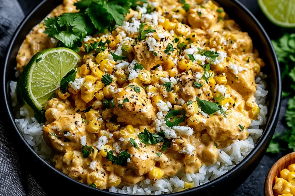 Slow Cooker Street Corn Chicken Recipe with shredded chicken, sweet corn, cotija cheese, cilantro, and lime in a creamy sauce