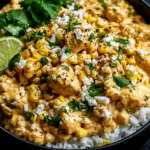 Slow Cooker Street Corn Chicken Recipe with shredded chicken, sweet corn, cotija cheese, cilantro, and lime in a creamy sauce