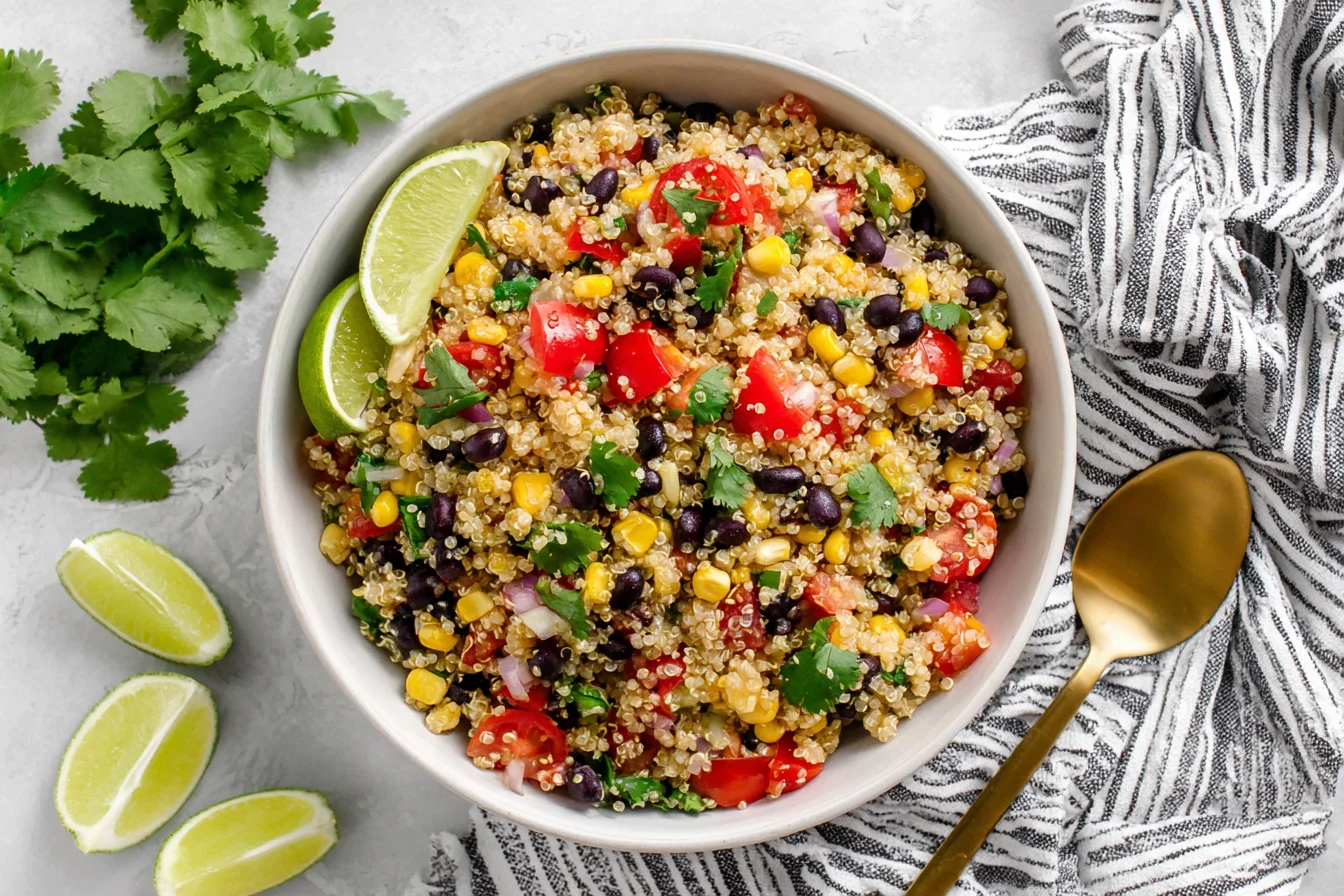 Southwest Quinoa Salad served with black beans, corn, tomatoes, cilantro, and fresh lime wedges