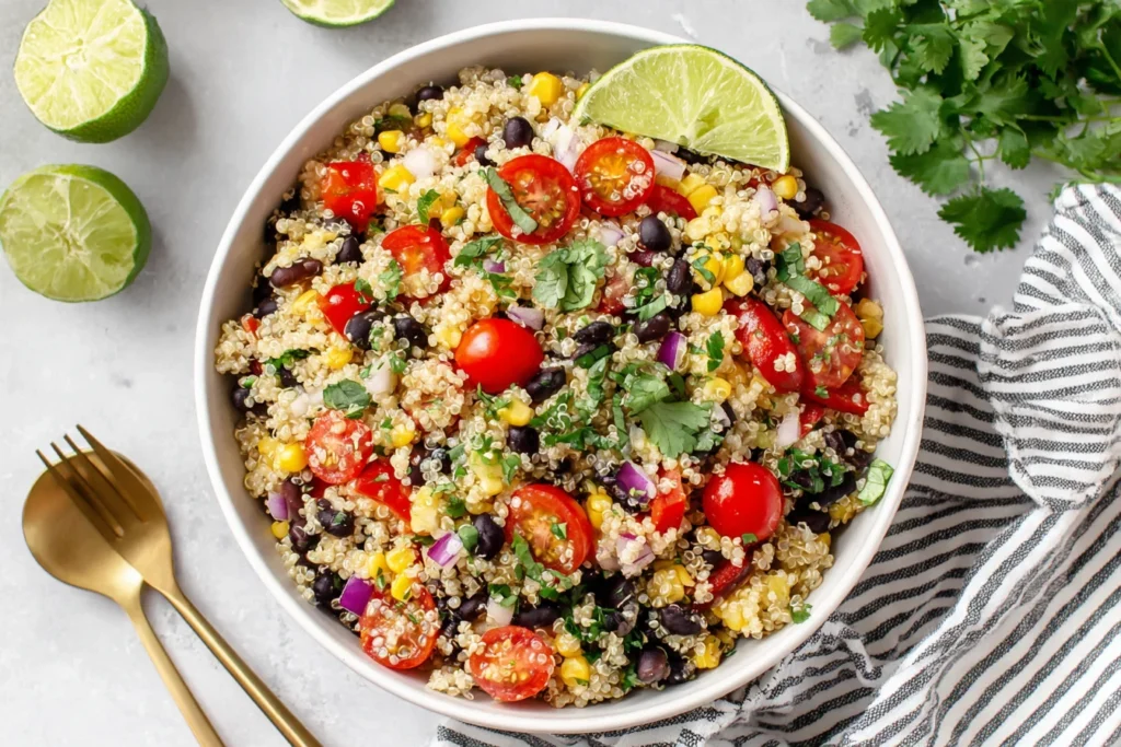 Southwest Quinoa Salad with black beans, cherry tomatoes, corn, cilantro, and lime in a healthy meal-prep bowl