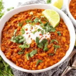 Spicy Mexican Red Lentils Recipe garnished with sour cream, cilantro, and lime in a serving bowl