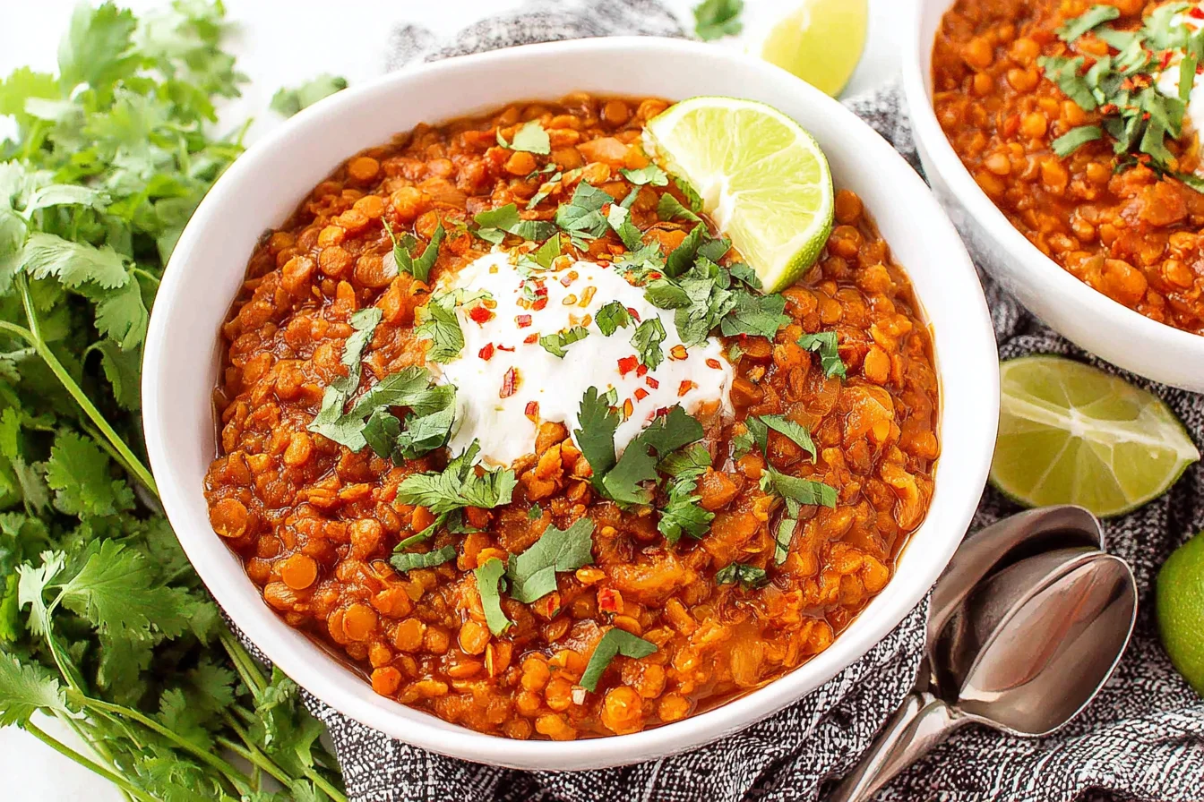 Spicy Mexican Red Lentils Recipe garnished with sour cream, cilantro, and lime in a serving bowl