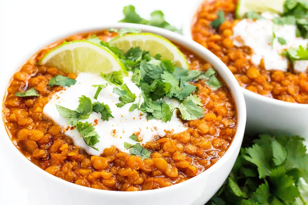 Spicy Mexican Red Lentils Recipe served in a white bowl with sour cream, fresh cilantro, and lime slices