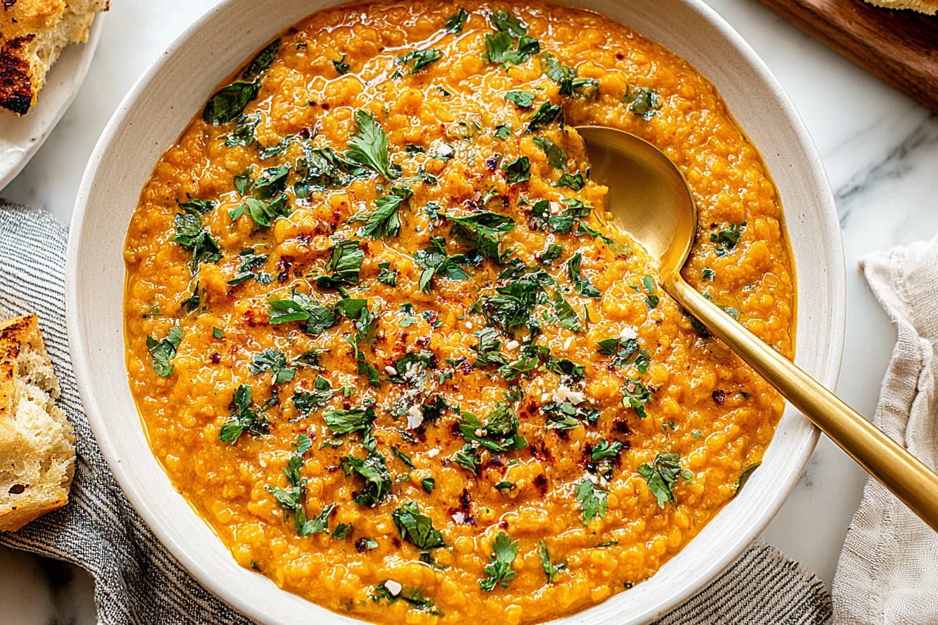 Spicy Red Lentil Curry in a bowl with fresh cilantro garnish and golden spoon, ready to serve with crusty bread