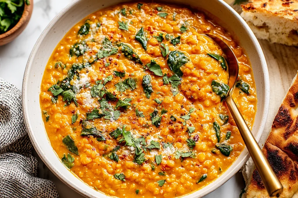 Spicy Red Lentil Curry served with naan bread, featuring creamy red lentils, fresh cilantro, and warming Indian spices