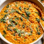Spicy Red Lentil Curry served with naan bread, featuring creamy red lentils, fresh cilantro, and warming Indian spices