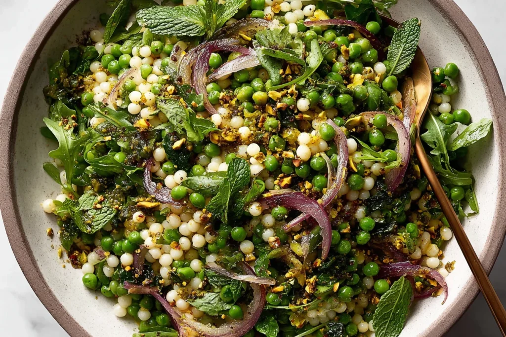 Spring Couscous Salad featuring pearl couscous, green peas, mint, arugula, pistachios, and marinated red onions