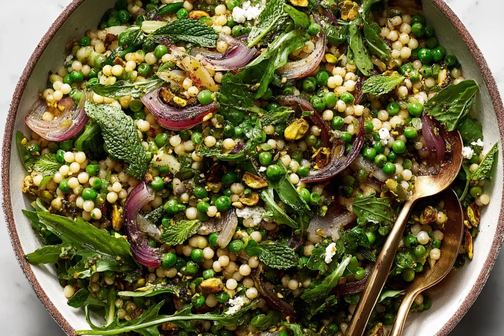 Spring Couscous Salad with peas, arugula, red onions, mint, pistachios, and lemon herb dressing in a serving bowl