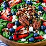 Strawberry Spinach Salad Recipe served with blueberries, feta cheese, toasted pecans, and balsamic glaze