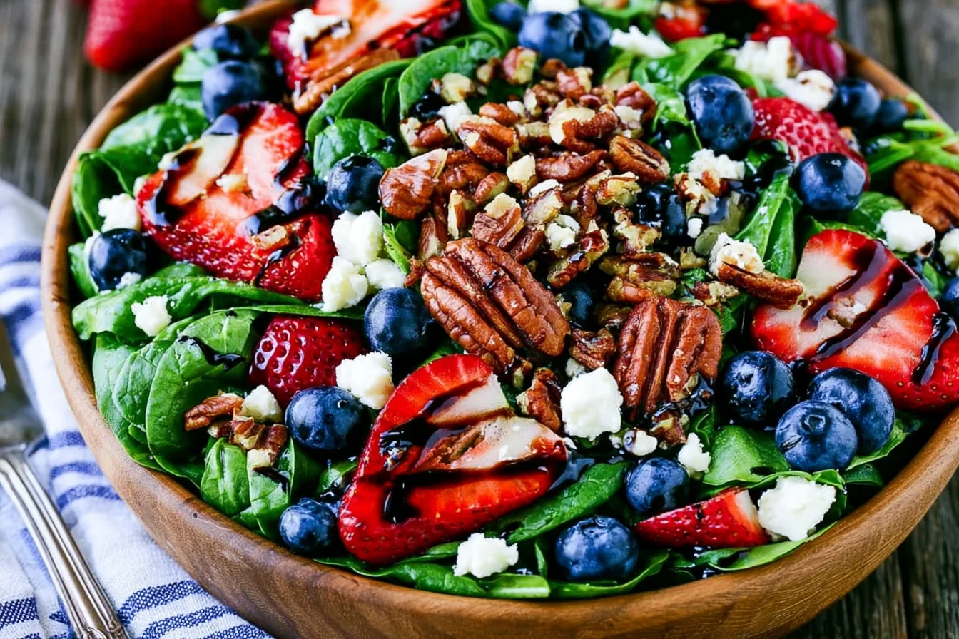 Strawberry Spinach Salad Recipe served with blueberries, feta cheese, toasted pecans, and balsamic glaze