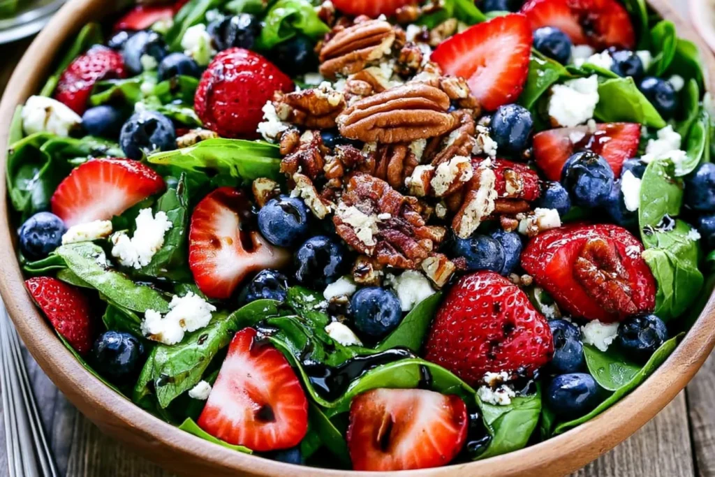 Strawberry Spinach Salad Recipe with fresh spinach, strawberries, blueberries, feta cheese, pecans, and balsamic glaze