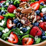 Strawberry Spinach Salad Recipe with fresh spinach, strawberries, blueberries, feta cheese, pecans, and balsamic glaze