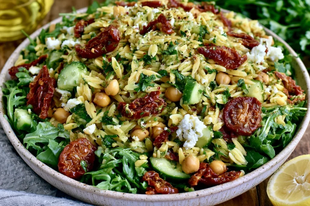 Sun Dried Tomato Orzo Pesto Salad topped with feta, chickpeas, cucumber, arugula, and sun-dried tomatoes