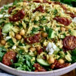 Sun Dried Tomato Orzo Pesto Salad topped with feta, chickpeas, cucumber, arugula, and sun-dried tomatoes