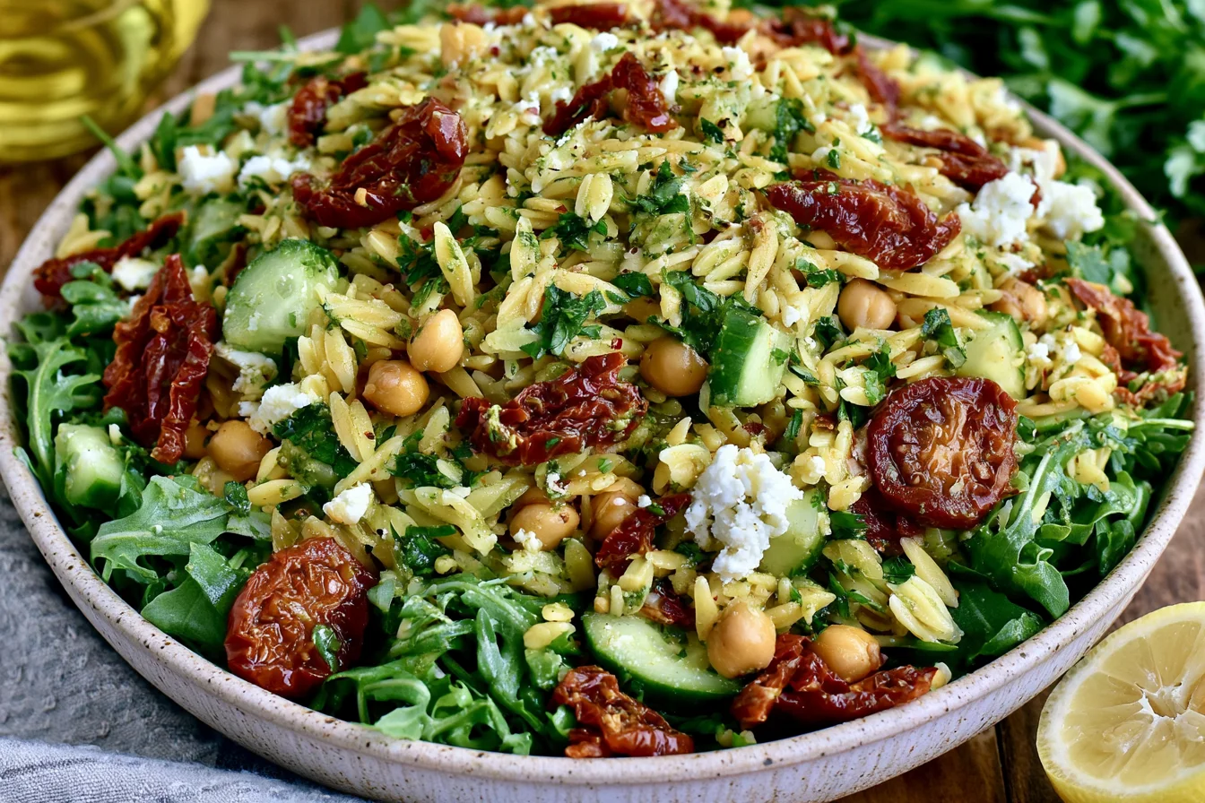 Sun Dried Tomato Orzo Pesto Salad topped with feta, chickpeas, cucumber, arugula, and sun-dried tomatoes
