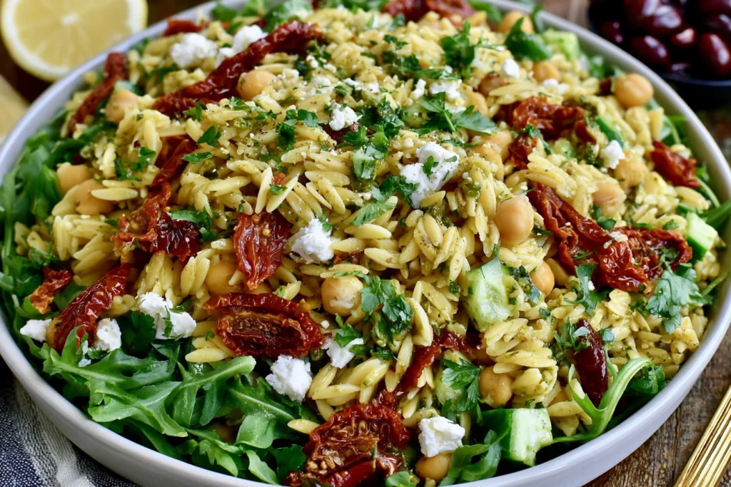 Sun Dried Tomato Orzo Pesto Salad with chickpeas, feta, cucumber, arugula, and pesto dressing served in a large bowl