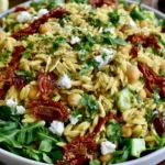 Sun Dried Tomato Orzo Pesto Salad with chickpeas, feta, cucumber, arugula, and pesto dressing served in a large bowl