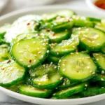 Sunomono (Japanese Cucumber Salad) made with crisp cucumber slices and sesame seeds