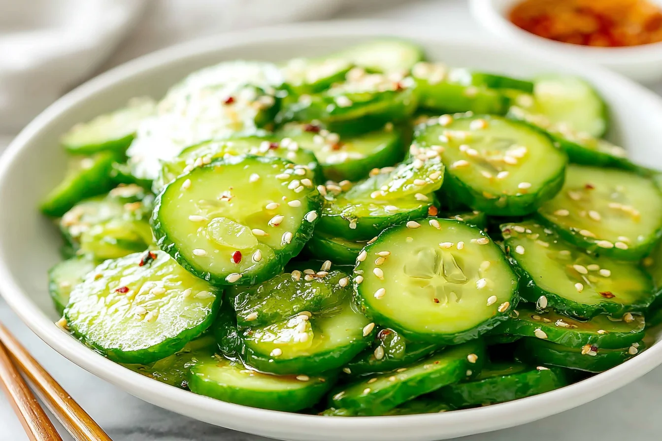 Sunomono (Japanese Cucumber Salad) made with crisp cucumber slices and sesame seeds