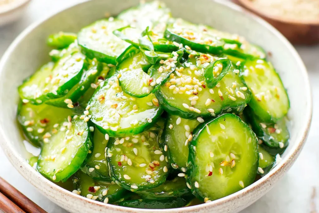 Sunomono (Japanese Cucumber Salad) with sesame seeds and scallions in a light rice vinegar dressing