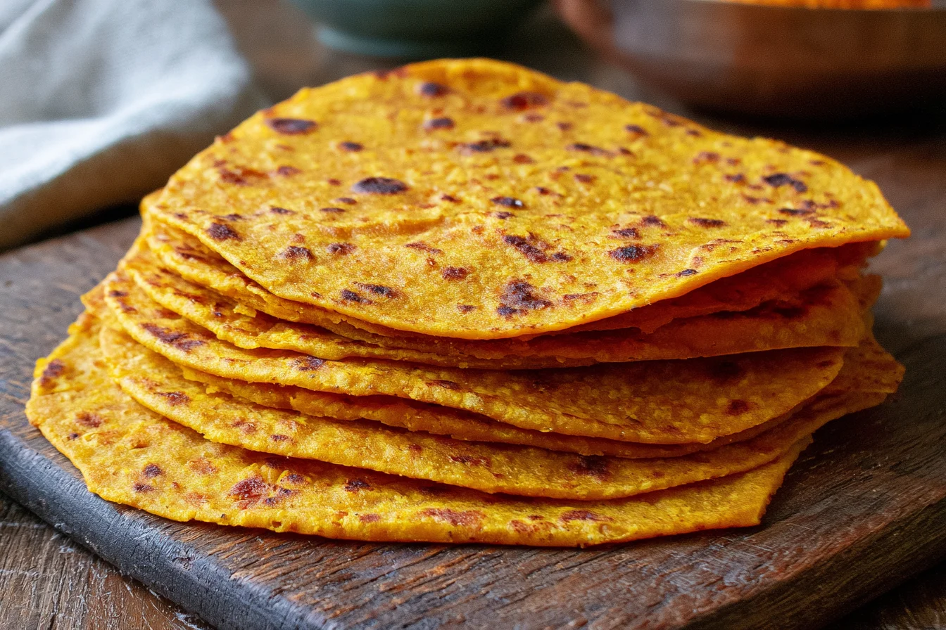Sweet Potato Tortillas stacked on a rustic wooden board, easy gluten-free vegan tortillas made with mashed sweet potato