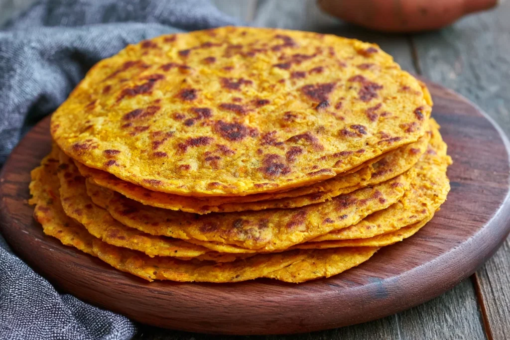 Sweet Potato Tortillas stacked on a wooden board, soft gluten-free vegan wraps with golden brown spots