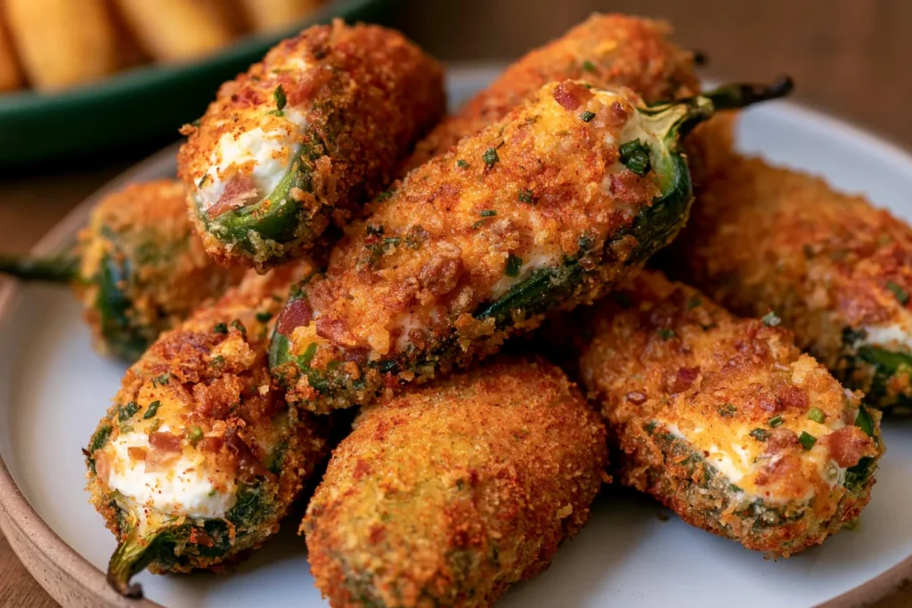 The Best Jalapeño Poppers arranged on a platter with crunchy breading, melted cheese, and bacon filling