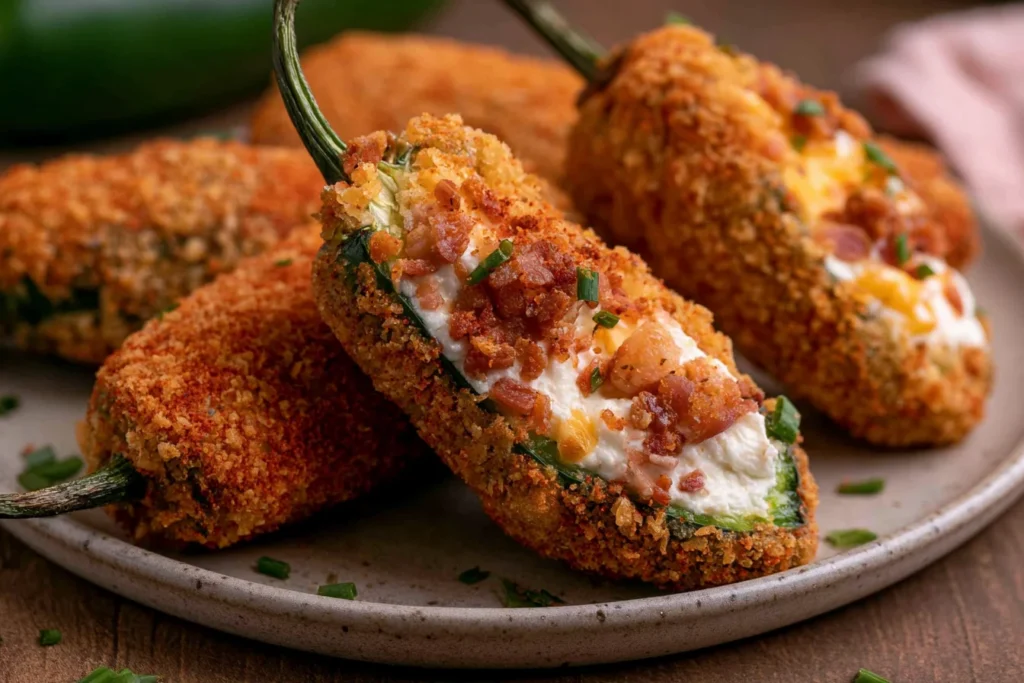 The Best Jalapeño Poppers with crispy breadcrumb coating, creamy cheese filling, and bacon bits served warm