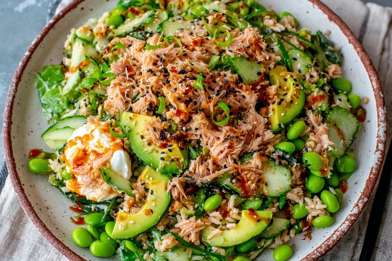 Tuna Avocado Crispy Rice Salad topped with avocado, tuna, cucumber, edamame, and sesame seeds