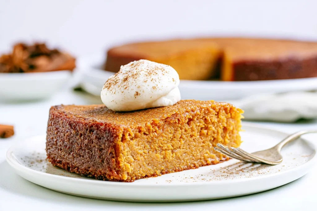 Vegan Jamaican Sweet Potato Pudding topped with coconut whipped cream on a white plate