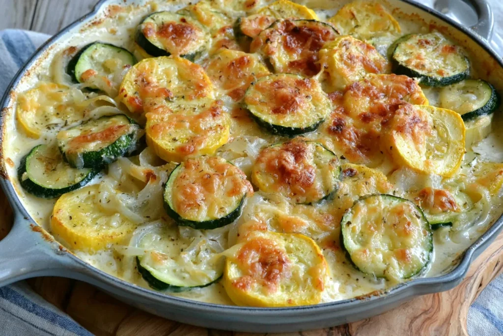 Zucchini Gratin with Yellow Squash in a rustic baking dish topped with golden cheese and creamy summer squash