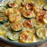 Zucchini Gratin with Yellow Squash in a rustic baking dish topped with golden cheese and creamy summer squash