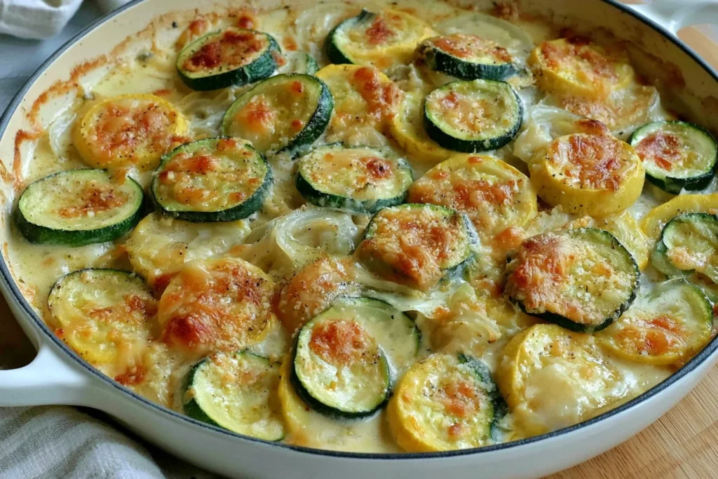 Zucchini Gratin with Yellow Squash baked in a creamy cheese sauce with golden melted Gouda and tender onions