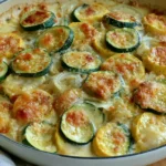 Zucchini Gratin with Yellow Squash baked in a creamy cheese sauce with golden melted Gouda and tender onions