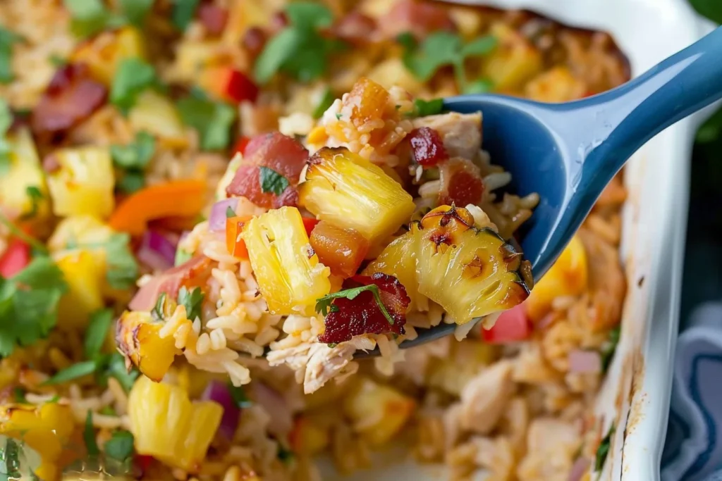 Aloha Pineapple Chicken Rice Casserole served on a spoon with juicy chicken, caramelized pineapple chunks, rice, bacon, and fresh herbs