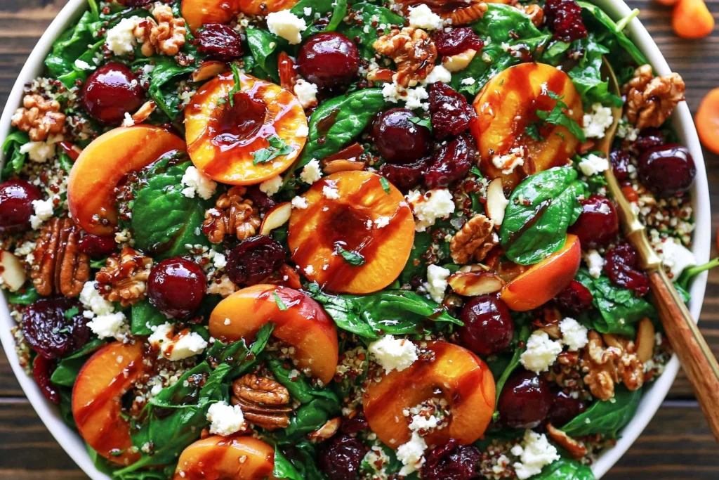 Colorful Apricot Salad with spinach, fresh cherries, feta cheese, quinoa, pecans, and balsamic glaze