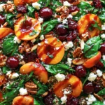 Colorful Apricot Salad with spinach, fresh cherries, feta cheese, quinoa, pecans, and balsamic glaze