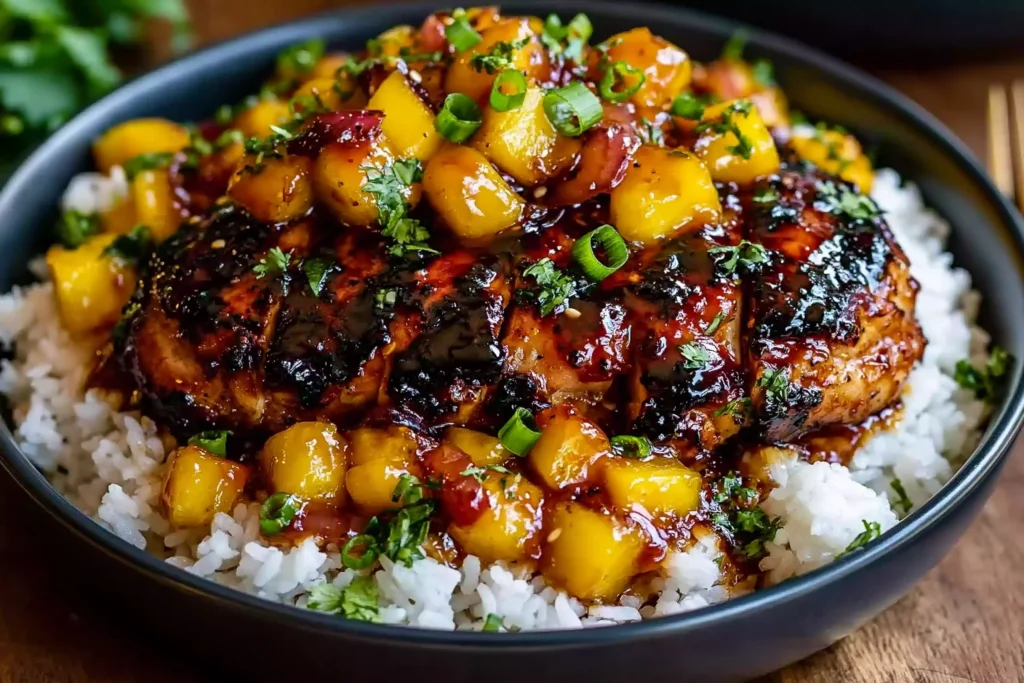Sweet & Savory Asian Mango Glazed Chicken with caramelized grilled chicken, juicy mango chunks, and fresh herbs served over white rice