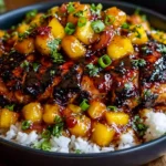 Sweet & Savory Asian Mango Glazed Chicken with caramelized grilled chicken, juicy mango chunks, and fresh herbs served over white rice