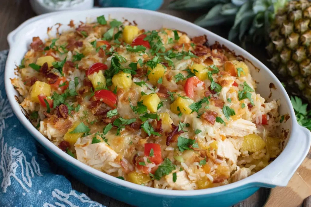 Aloha Pineapple Chicken Rice Casserole baked in a dish with juicy chicken, pineapple chunks, melted topping, crispy bacon, and fresh cilantro