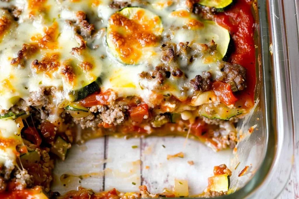 Ground Beef Zucchini Casserole baked in a glass dish with melted cheese, seasoned ground beef, zucchini slices, and tomato sauce layers