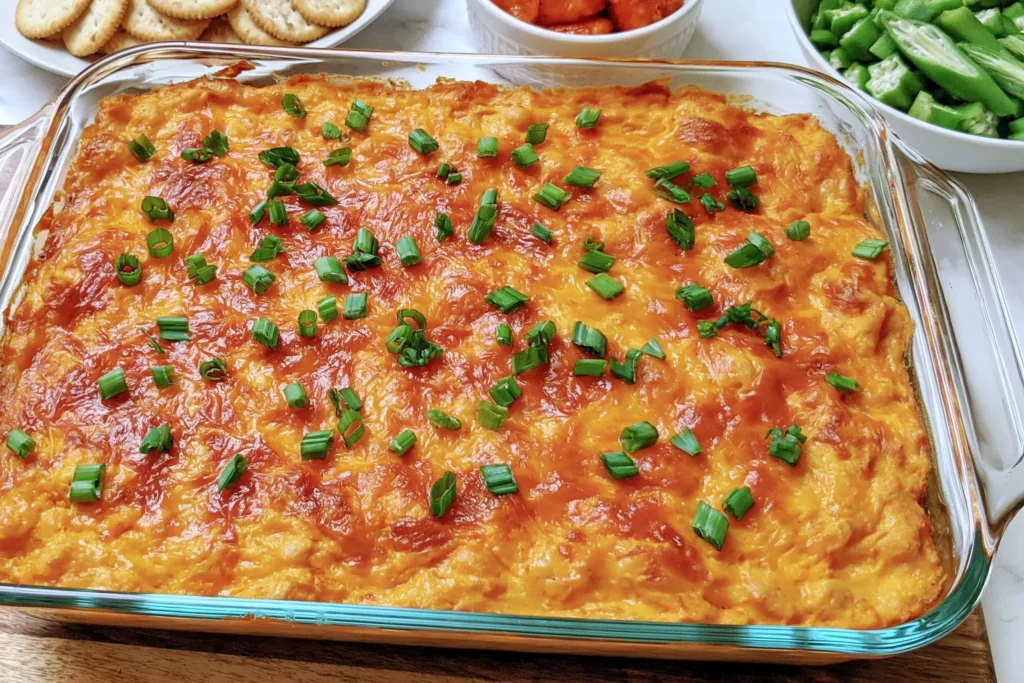 Baked Vegetarian Cheesy White Bean Buffalo Dip in a glass dish topped with melted cheddar and green onions, served with crackers and veggies