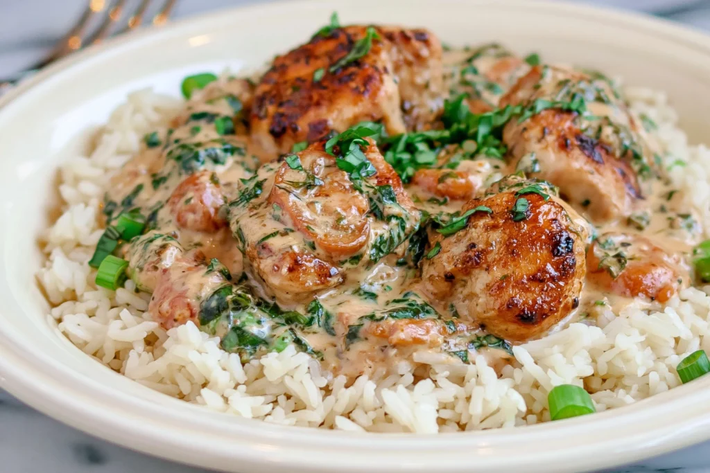 Basil Chicken in Coconut Curry Sauce served over fluffy rice with creamy curry, seared chicken, and fresh basil garnish
