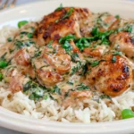 Basil Chicken in Coconut Curry Sauce served over fluffy rice with creamy curry, seared chicken, and fresh basil garnish