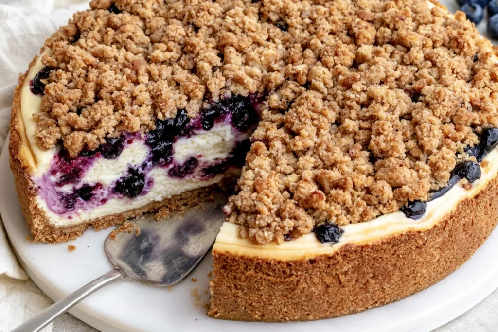 Blueberry Crumble Cheesecake slice with creamy layers, juicy blueberries, and golden crumble topping on a graham cracker crust