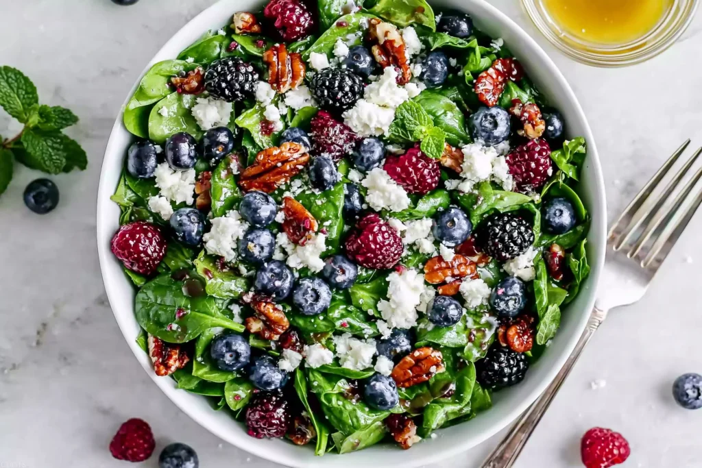 Fresh blueberry spinach salad with feta, pecans, and honey balsamic dressing in a bowl, topped with juicy berries and greens
