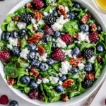 Fresh blueberry spinach salad with feta, pecans, and honey balsamic dressing in a bowl, topped with juicy berries and greens
