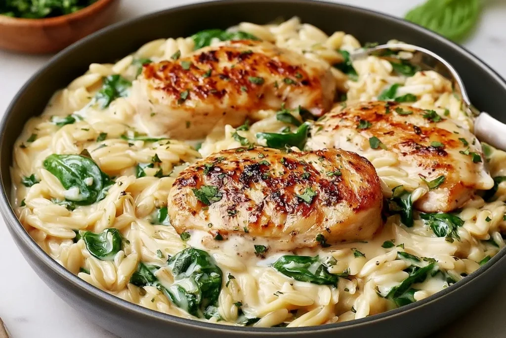 Boursin Orzo with Chicken in a creamy garlic herb sauce with spinach and golden seared chicken in a skillet